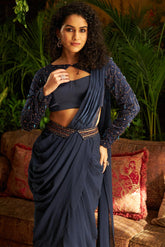 Midnight blue satin and georgette embroidered drape saree set